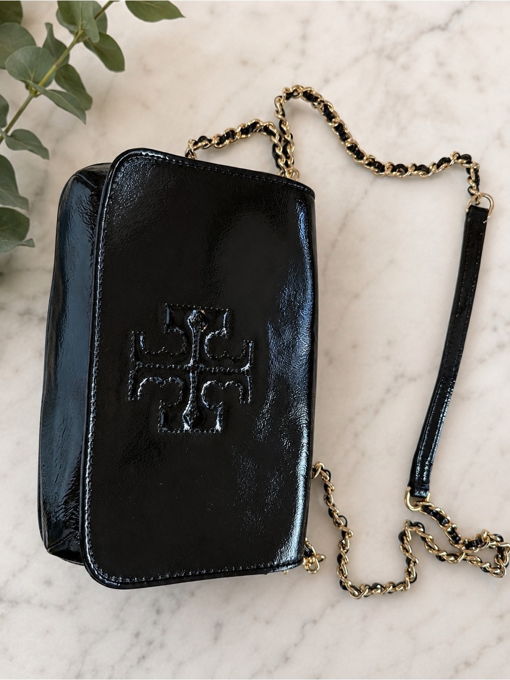 Tory Burch Black Patent Crossbody with Gold Chain Strap
